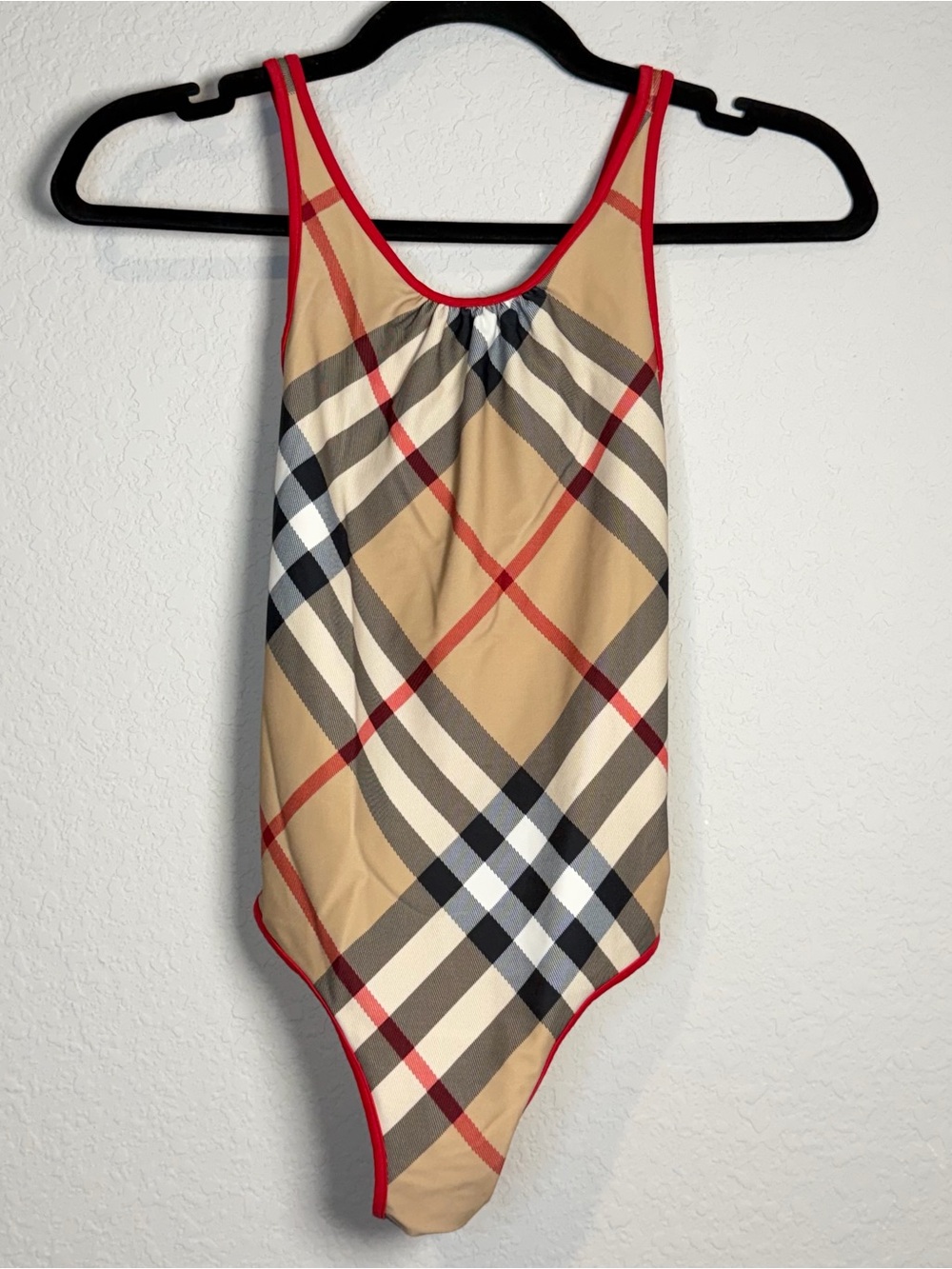 Burberry Children's One-Piece Swimsuit in Tan Plaid with Red Trim